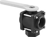 Image of Product. Assembled View. Front orientation. Diverting Valves. Easy-Maintenance Threaded Diverting Valves for Chemicals , Bottom-Port Inlet with Lever Handle.