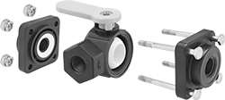 Image of Product. Exploded View. Front orientation. Exploded view. Diverting Valves. Easy-Maintenance Threaded Diverting Valves for Chemicals , Center-Port Inlet with Lever Handle.