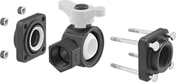 Image of Product. Exploded View. Front orientation. Exploded view. Diverting Valves. Easy-Maintenance Threaded Diverting Valves for Chemicals , Center-Port Inlet with T-Handle.