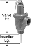 Image of Product. Male × Female. Front orientation. Contains Annotated. Pressure-Relief Valves. Fast-Acting Temperature- and Pressure-Relief Valves for Hot Water, Female Relief Port, Male Inlet.