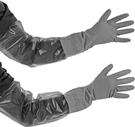 Image of Product. Polyolefin Sleeve Shown. Front orientation. Gloves. Nitrile Chemical-Resistant Gloves, Gloves with Sleeve.