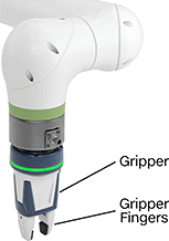 Image of System. Gripper Fingers Not Included. Front orientation. ZoomedIn view. Contains Annotated. Pick-and-Place Grippers. Robot-Ready Collaborative Electric Pick-and-Place Grippers.