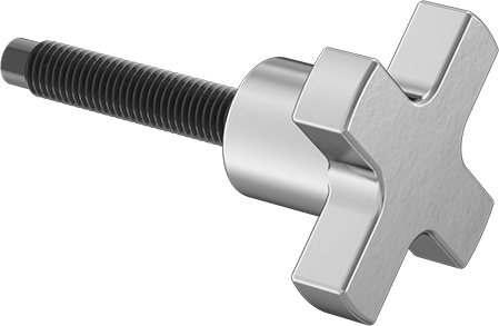 Image of Product. Front orientation. Four-Arm Extended-Tip Thumb Screw, M12 x 1.75 mm Thread Size, 63.5 mm Long.