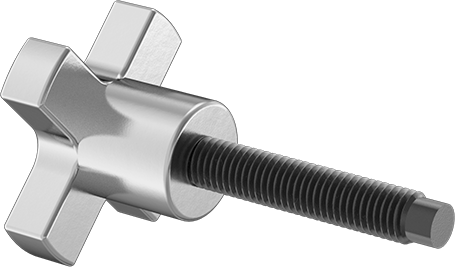 Image of Product. Back orientation. Four-Arm Extended-Tip Thumb Screw, M12 x 1.75 mm Thread Size, 63.5 mm Long.