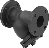 Image of Product. Front orientation. Strainers. Low-Pressure Iron Y-Strainers, With Flanged Pipe Fitting Connections—Threaded Drain with Plug.