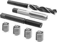 Image of Product. Drill Bit, Installation Tool and Through-Hole Tap. Front orientation. Threaded Inserts. Helical Threaded Inserts with Installation Tools, Pronged, Drill Bit, Through-Hole Tap, Installation Tool.
