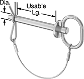 Image of Product. With Cotter Pin and Lanyard. Front orientation. Contains Annotated. Clevis Pins. Tethered Loop-Grip Clevis Pins, , Cotter Pin Included.