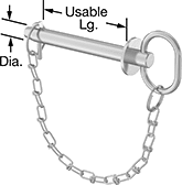 Image of Product. With Linch Pin and Chain. Front orientation. Contains Annotated. Clevis Pins. Tethered Loop-Grip Clevis Pins, Linch Pin Included, .