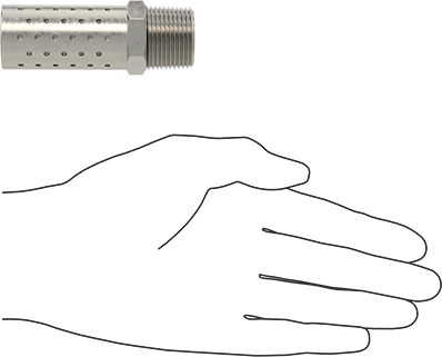 Image of Product. Side1 orientation. Contains SizingReference. Compact High-Flow Muffler, 304 Stainless Steel, 3/4 NPT Male.