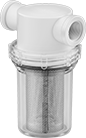 Image of Product. Clear Nylon Housing. Front orientation. Strainers. Impact-Resistant T-Strainers, With Female Threaded Pipe Fitting Connections, For Use With Water, Clear Nylon Housing with Mesh Screen.