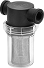 Image of Product. Clear Nylon Housing. Front orientation. Strainers. T-Strainers, With Female Threaded Pipe Fitting Connections, For Use With Water, Clear Nylon Housing with Mesh Screen.