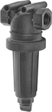 Image of Product. 3/4 and 1 Pipe Sizes. Front orientation. Strainers. High-Capacity T-Strainers, For Use With Water, Ethylene Glycol, Acetone, and Sodium Nitrate, Black Polypropylene Housing with Mesh Screen, 3 7/8" Long.