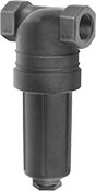 Image of Product. 1 1/4 and 1 1/2 Pipe Sizes. Front orientation. Strainers. High-Capacity T-Strainers, For Use With Water, Ethylene Glycol, Acetone, and Sodium Nitrate, Black Polypropylene Housing with Mesh Screen, 5 1/4" Long.