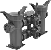 Image of Product. Shown with Socket-Connect Pipe Connections. Front orientation. Strainers. Easy-Change Plastic Basket Strainers.
