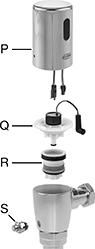 Image of System. Touch-Free ZTR Models. Front orientation. Exploded view. Contains Annotated. Flush Valve Replacement Parts. Zurn Flush Valve Replacement Parts, Cover and Body Components.
