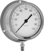 Image of Product. Front orientation. Pressure Gauges. Extreme-Vibration-Resistant Pressure Gauges, Single Scale, Bottom Connection (Flange Mount).