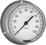 Image of Product. Front orientation. Pressure Gauges. Extreme-Vibration-Resistant Pressure Gauges, Single Scale, Lower-Back Connection (Flange Mount).