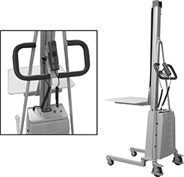 Image of Product. Back orientation. Contains Inset. Lift Trucks. Battery-Operated Lift Trucks with Platform for Tight Spaces.
