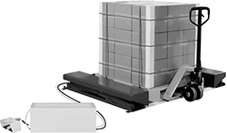 Image of ProductInUse. Front orientation. Style B. Floor-Load Electric Stationary Lift Tables for Pallets.