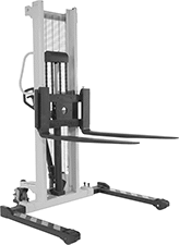 Image of Product. Front orientation. Lift Trucks. Manual Lift Trucks with Forks, Adjustable-Width Straddle Base, Pump-Handle Adjustment, Adjustable Fork.
