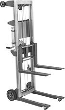 Image of Product. Front orientation. Lift Trucks. Manual Lift Trucks with Forks, Standard Base, Hand-Crank Adjustment, Reversible Fork.