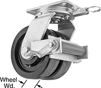Image of Product. Dual-Wheel Swivel with Brake and Swivel Lock. Front orientation. Contains Annotated. 2 Wheels. Extra-High-Capacity Stronghart Casters with Phenolic Wheels, Swivel with Brake and Swivel Lock.