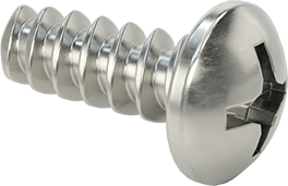 Image of Product. Front orientation. Phillips Rounded Head Thread-Forming Screws, for Plastic, 18-8 Stainless Steel, Number 10 Size, 1/2" Long.