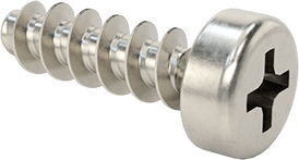 Image of Product. Front orientation. Phillips Rounded Head Thread-Forming Screws, for Plastic, 18-8 Stainless Steel, M2.5 Screw Size, 8 mm Long.