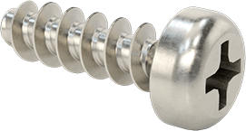Image of Product. Front orientation. Phillips Rounded Head Thread-Forming Screws, for Plastic, 18-8 Stainless Steel, M2.5 Screw Size, 8 mm Long.