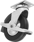 Image of Product. Flat Tread Swivel with Wraparound Brake. Front orientation. Flat Tread. Creston Casters with Rubber Wheels, Swivel with Wraparound Brake, Wheel Brake.