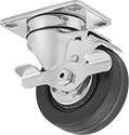 Image of Product. Flat Tread Swivel with Left Side Brake. Front orientation. Flat Tread. Creston Casters with Rubber Wheels, Swivel with Left-Side Brake, Wheel Brake.