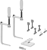 Image of Product. Front orientation. Fixture Clamps. Wood T-Slot Fixture Table Kits.
