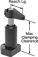 Image of Product. Clamping Arm Shown in Clamping Position (Sold Separately). Front orientation. Contains Annotated. Fixture Clamps. Hydraulic Hold-Down Fixture Clamps.