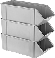 Image of ProductInUse. Shown Stacked. Front orientation. Bins. Fiberglass Bins.