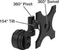 Image of Product. Style A. Front orientation. Contains Annotated. Monitor Mounts. Pipe and Bar Monitor Mounts, Adjustable Angle, Clamp-On Base, Style A.