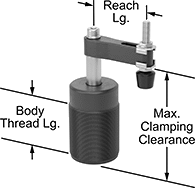 Image of Product. Front orientation. Contains Annotated. Fixture Clamps. Threaded Air-Powered Hold-Down Fixture Clamps for Welding, Rubber Holding Screw Tip.