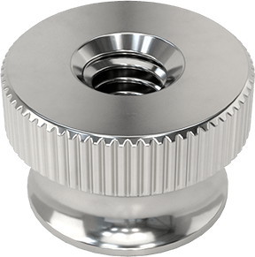 Image of Product. Bottom orientation. 316 Stainless Steel Flanged Knurled-Head Thumb Nut, Super-Corrosion-Resistant, 8-32 Thread Size.
