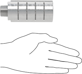 Image of Product. Side1 orientation. Contains SizingReference. Clog-Resistant Muffler, with 3/4 NPT Male Aluminum Fitting.