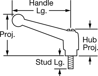 Image of Attribute. Front orientation. Contains Annotated. 303 Stainless Steel Adjustable Handle, with M10 x 1.5 mm Thread Size x 60 mm Long Stud, 58 mm Projection.