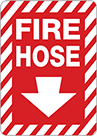 Image of Product. Fire Hose with Arrow (English)—Red with White Message. Front orientation. Signs. Fire Equipment Signs, Fire Hose with Arrow (English)—Red with White Message.