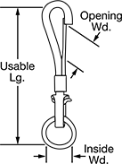 Image of Attribute. Front orientation. Contains Annotated. Light Duty Snap Hooks with Swivel Eye.