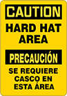 Image of Product. Front orientation. Signs. Personal Protective Equipment Signs, Caution—Hard Hat Area/Precaución—Se requiere casco en esta área (English/Spanish).