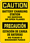 Image of Product. Front orientation. Signs. Hazardous Material Signs, Caution—Battery Charging Station No Smoking or Open Flames/Precaucion—Estacion De Carga De Baterias No Fumar O Encender Fuego (English/Spanish).