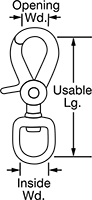 Image of Attribute. Front orientation. Contains Annotated. Overlapping-Arm-Locking-Latch Snap Hooks with Swivel Eye.