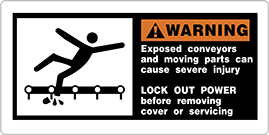 Image of Product. Front orientation. Labels. Conveyor Safety Labels , Warning—Exposed Conveyors and Moving Parts Can Cause Severe Injury—Lock Out Power Before Removing Cover or Servicing, Horizontal Orientation.