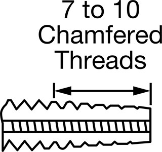 Image of Specification. Taper Chamfer. Front orientation. ZoomedIn view. Contains Annotated. Uncoated High-Speed Steel Tap, Taper Chamfer, M6 x 1 mm Thread, 1" Thread Length.