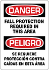 Image of Product. Front orientation. Signs. Personal Protective Equipment Signs, Danger—Fall Protection Required in This Area/Peligro—Se requiere protección contra caídas en esta área (English/Spanish).