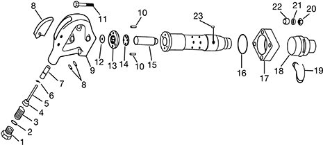 Image of System. Front orientation. Exploded view. Contains Annotated. Air Hammer Replacement Parts. Chipping Air Hammers, For D-Handle Grips.