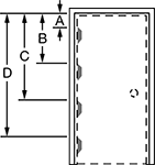 Image of Attribute. Hinge Locations for 4 Hinges. Front orientation. Contains Annotated. Single-Door Frames for Drywall, For 4 Hinges.