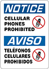 Image of Product. Front orientation. Signs. Illustrated Restricted Area Signs, Notice—Cellular Phones Prohibited/Aviso—Telefonos Celulares Prohibidos with No Cell Phones Symbol (English/Spanish).